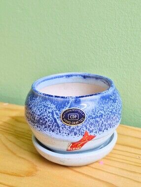 Vintage CDP Blue Speckled Ceramic Planter with Saucer